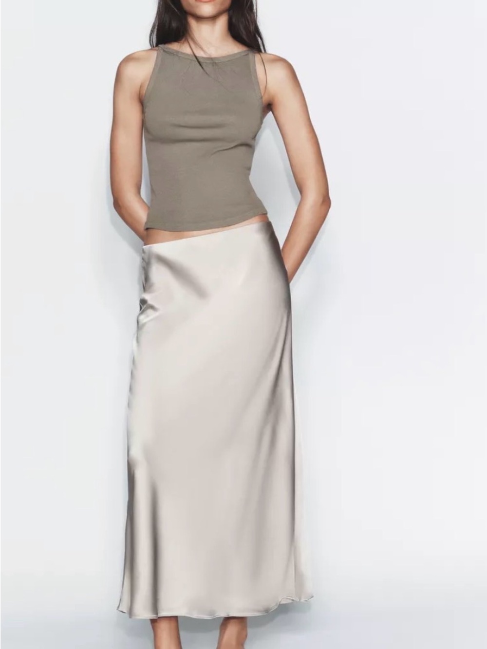 Zara Satin Maxi Skirt in Soft Cream